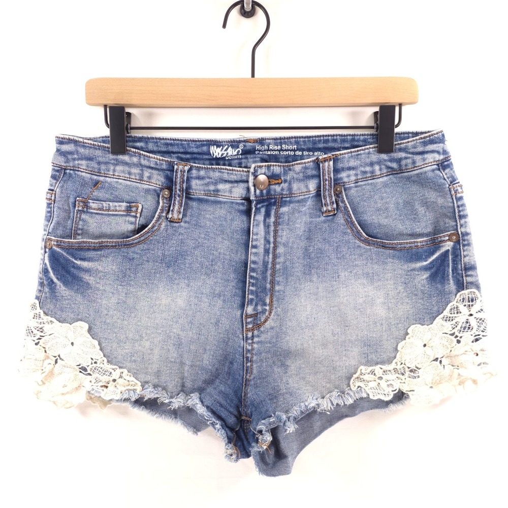 Mossimo Womens Jean Shorts High Rise 16 Blue Lace Trim Frayed Super Stretch